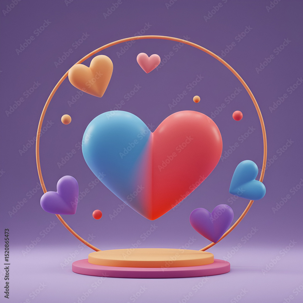 Poster colorful heart shapes suspended in a ring, displayed on a multi-level platform. abstract display wit