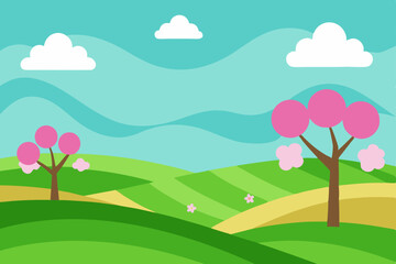 Fototapeta premium Lush spring and summer landscapes with trees, flowers, and rolling hills under a clear blue sky capture the serene beauty of nature