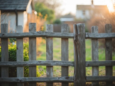 Rustic Wooden Fence with Warm Sunset Light Casting a Golden Glow in a Countryside Scene. - Powered by Adobe