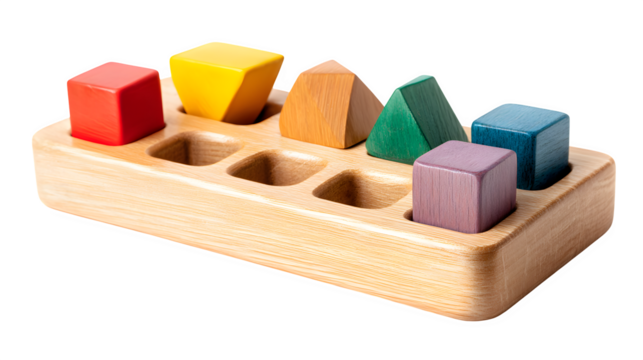 Wooden shape sorter with geometric blocks half inserted into slots, isolated on Transparent background