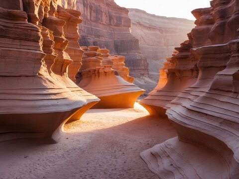 Canyons Embrace. A Landscape of Layered Sandstone Formations Bathed in Golden Light