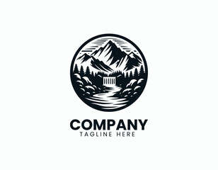 Majestic Mountain Landscape Flowing River Waterfall Scenic Vector Logo Design