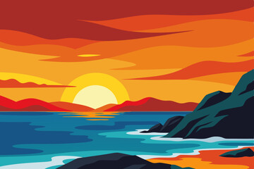 Beautiful orange sunset over the calm sea with reflections in the water and clouds on the horizon