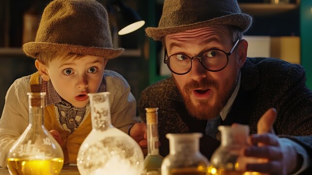 Father and Son Exploring Mysterious Bottles A Vintage Science Experiment Father Day - Powered by Adobe