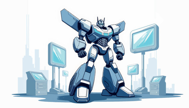 Futuristic transformer robot standing in high-tech lab, innovation