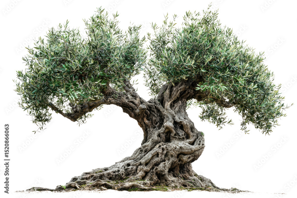 Poster ancient olive tree with gnarled trunk and lush green foliage, isolated on transparent background bac