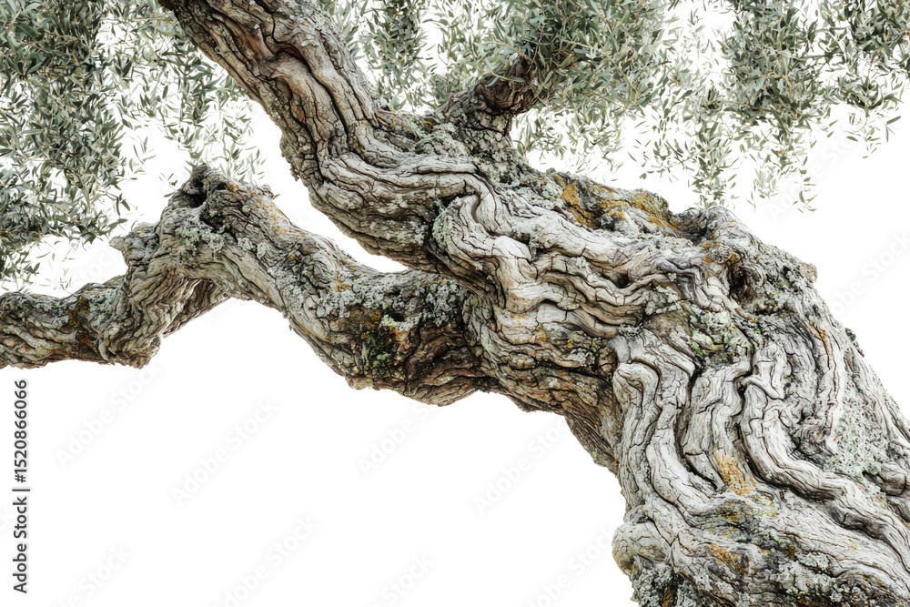 Poster ancient olive tree branch with gnarled, textured bark and silvery leaves against a transparent backg