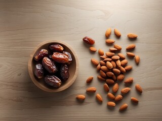 Dates in a Wooden Bowl with Almonds Scattered on a Wooden Table, Healthy Snack