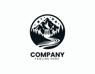 Majestic Mountain Landscape Flowing River Waterfall Scenic Vector Logo Design