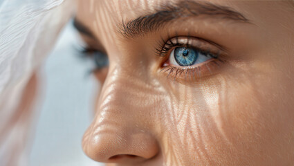 Fototapeta premium A close up of a woman's face with blue eyes and light patterns on her skin and a white background