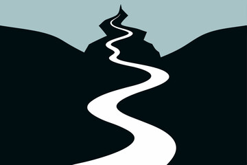 Obraz premium Winding road Christmas travel with silhouettes of a man, a girl, and a man with a backpack, vector illustration