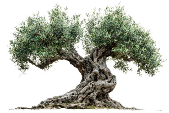 Ancient olive tree with gnarled trunk and lush green foliage, isolated on transparent background background removed
