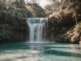 Majestic Waterfall Scenery. Lush Tropical Forest and Crystal Clear Turquoise Water.