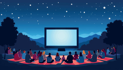 Group enjoying film screening under starry sky, outdoor movie night