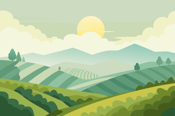 Obraz premium Vibrant summer landscape with green grass, trees, and distant mountains and hills under a clear blue sky