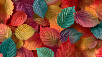 A collection of colorful leaves arranged in a vibrant display of autumnal hues. The leaves showcase a variety of textures and shades, creating a stunning visual tapestry