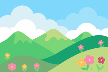 Mountain landscapes with spring flowers and summer fields under a blue sky, illustrating the vibrant nature