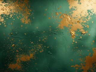 Emerald Green Wall with Flaking Gold Paint, Textured Background with Luxurious Touch.