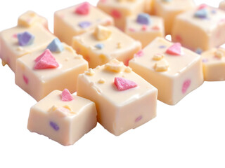 Close up of small square white chocolates with pastel colored sprinkles on a black background