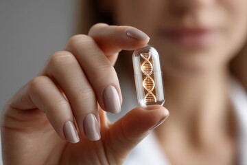 Woman's hand holding a transparent capsule with glowing DNA helix inside, representing genetic research and healthcare advancements.