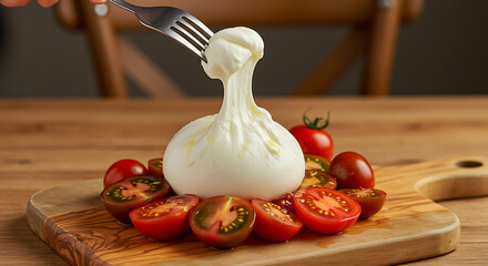 Italian Burrata di Andria. Cream explosion - fork splitting fresh burrata pouch, stracciatella oozing onto heirloom tomatoes.