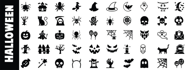 Fototapeta premium Halloween icons glyph set spooky holiday symbols