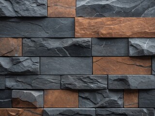 Decorative Stone Wall with Gray and Brown Rectangular Bricks, Textured Surface.