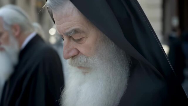 Christian male preacher with long white beard and black robe looking at camera in street footage.