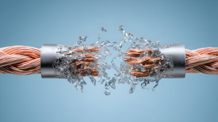 fragile cable is snapping, surrounded by shattered fragments. The cable's strands are pulling apart, highlighting its vulnerability and the force acting upon it