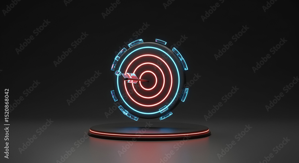 Poster abstract target with glowing neon rings in a dark studio setting. 3d model of a target with an arrow