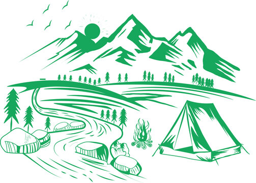 Illustrated mountain landscape with a tent pitched near a flowing river, surrounded by pine trees, rocks, and a campfire, with birds and the sun rising behind snow-capped peaks.