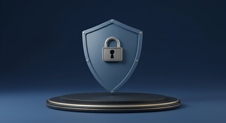 3D illustration of a gray shield with a silver padlock on a dark blue pedestal. Abstract security concept for digital products or services.
