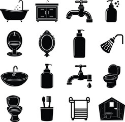 Bathroom Icons Set – Vector Silhouette Icons of Bathtub, Sink, Faucet, Toilet, Soap, Mirror, Shower, and Bathroom Accessories