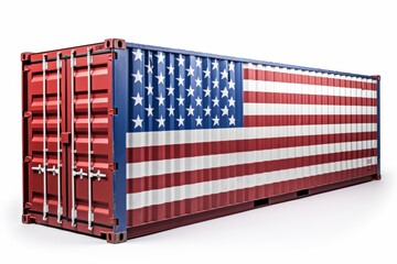 Shipping container decorated with American flag at a transport hub during daytime