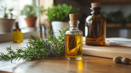 Fototapeta premium Natural oil bottles with herbs and cutting board in warm kitchen light rustic setting