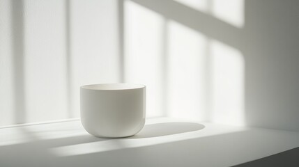 Minimal white cup on windowsill with bright sunlight and dramatic shadow interior composition