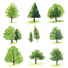 Fototapeta premium A Collection of Hand-Drawn Green Trees on White Background