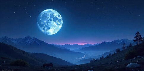 Fototapeta premium Mystical full moon dominates a star-filled night sky, casting an ethereal glow on a distant, mountainous landscape Perfect for fantasy, sci-fi, and cosmic themes , serene, stars, moonlight