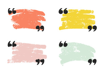 Grunge quote text boxes with brush stroke backgrounds. Hand drawn vector speech bubbles with quotation marks for feedback, testimonials, posts, and inspirational quotes. Artistic and creative elements