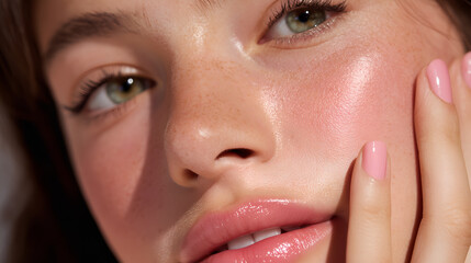 Close-up of a young woman's face, showcasing healthy, glowing skin with a natural rosy blush. Her eyes are captivating, and her nails are softly painted a delicate pink.  