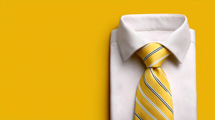 a classic white dress shirt with a yellow tie, arranged neatly on a vibrant yellow surface, is a stylish depiction of elegance and professionalism