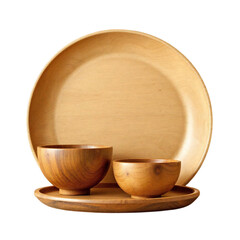Still life of wooden plates and bowls arranged on a wooden tray against a black background