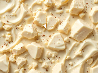 Close up of white chocolate chunks and swirls with dark specks on a creamy background texture