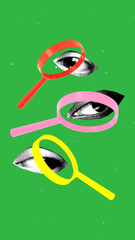 Abstract art collage. Eyes observed through colorful magnifying glasses on vivid green background, implying scrutiny, investigation and self-awareness. Concept of journalism and critical thinking
