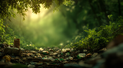 A path through a lush green forest strewn with trash, highlighting environmental pollution
