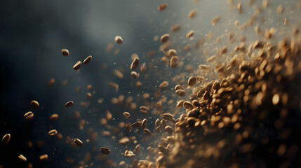 Close up view of heap of millions of small aromatic roasted coffee beans swirling around with steam
