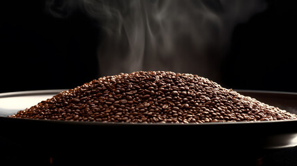 Close up view of heap of millions of small aromatic roasted coffee beans swirling around with steam
