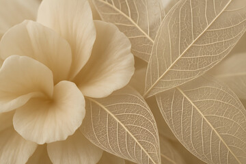 Nature abstract of flower petals, beige transparent leaves with natural texture as natural background or wallpaper. Macro texture, neutral color aesthetic photo with veins of leaf, botanical design