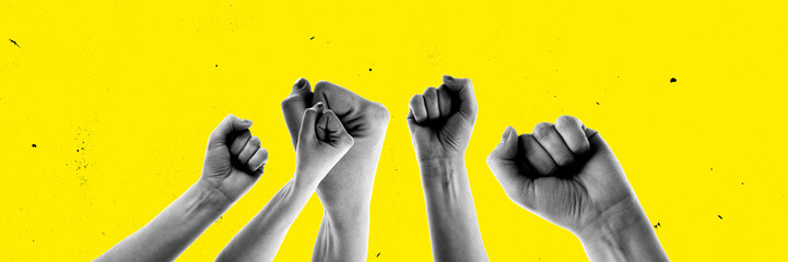Banner. Conceptual art collage. Black and white fists raised up against vibrant yellow background,...
