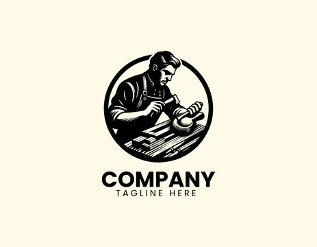 Skilled Wood Carver Dedicatedly Crafting Wood with Traditional Tools Vector Logo Design